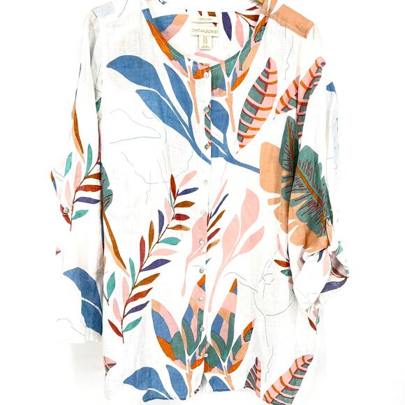 Cynthia Rowley floral convertible sleeve linen tunic top tropical button Size 1X - Picture 11 of 11
